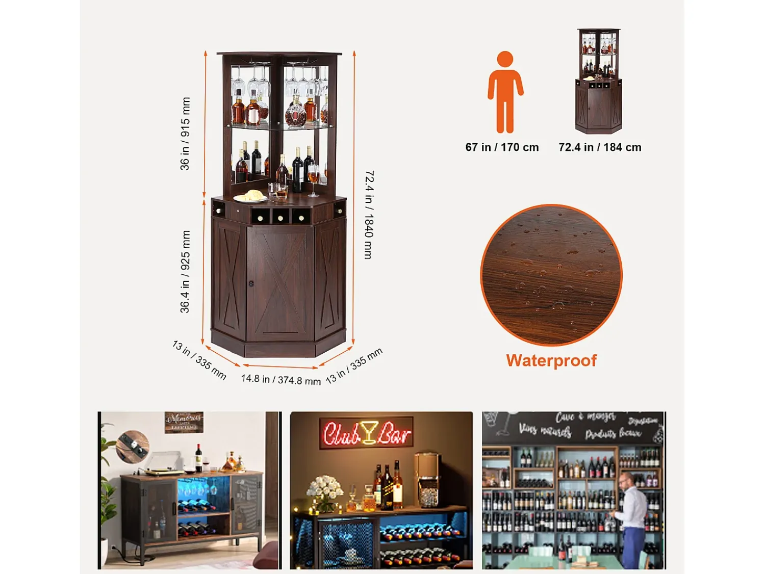 Móvel De Bar| Móvel de Bar Industrial SucceBuy, com Suporte para Copos de Licor e Copos, Móvel de Bar para Café em Madeira Rústica Autônomo para Sala de Estar, Bar em Casa Castanho