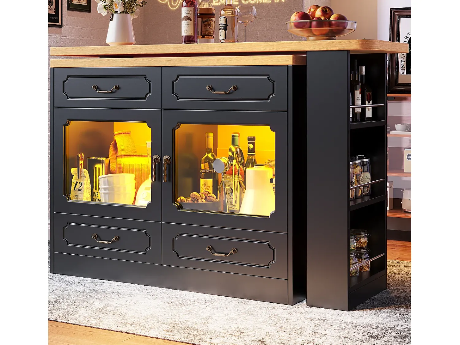 Móvel De Bar|ModernLuxe Móvel de bar moderno rotativo 360° - com LED - 203x39x93 cm - 4 gavetas e 2 portas - com prateleiras laterais - Preto