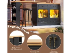 Móvel De Bar|ModernLuxe Móvel de bar moderno rotativo 360° - com LED - 203x39x93 cm - 4 gavetas e 2 portas - com prateleiras laterais - Preto