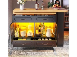 Móvel De Bar|ModernLuxe Móvel de bar moderno rotativo 360° - com LED - 203x39x93 cm - 4 gavetas e 2 portas - com prateleiras laterais - Preto