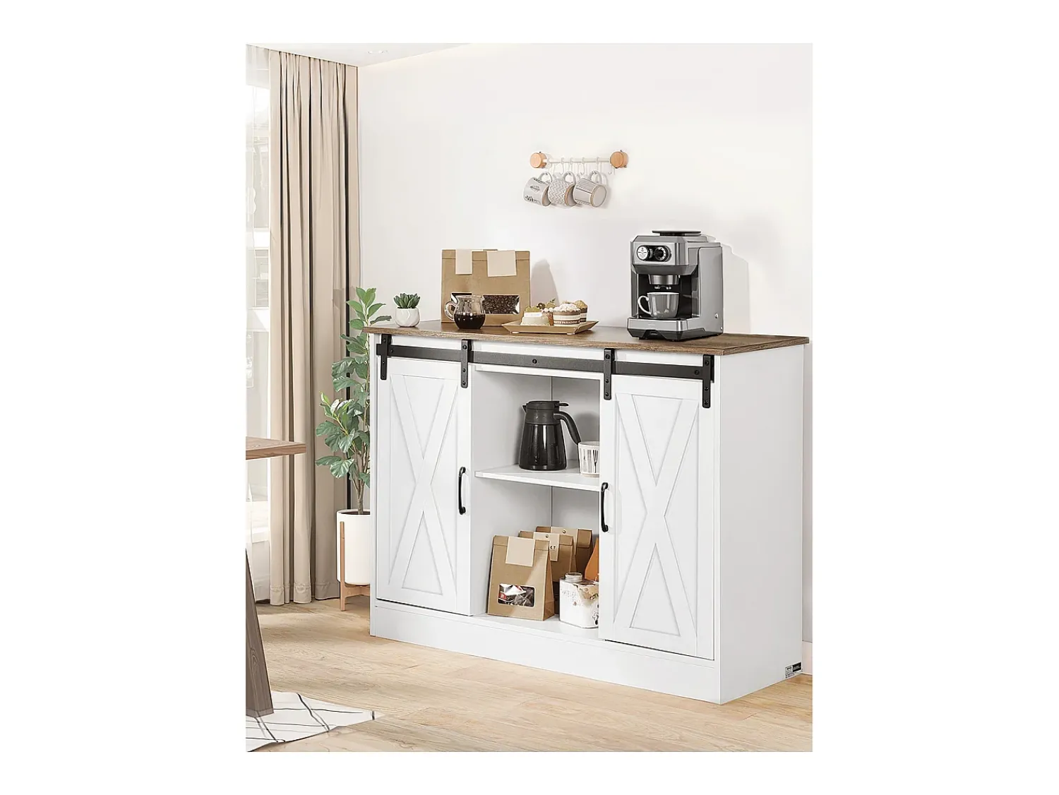 Móvel De Bar| Móvel de Bar para Café SucceBuy, 106 x 40 x 81,5 cm, com 3 Níveis com Portas de Celeiro Branco