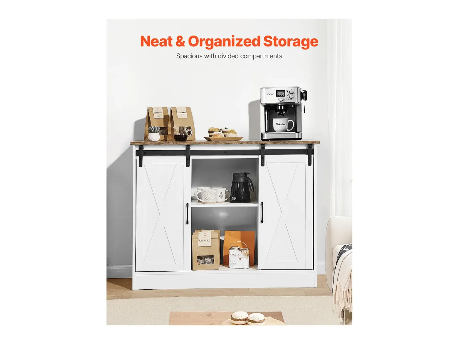 Móvel De Bar| Móvel de Bar para Café SucceBuy, 106 x 40 x 81,5 cm, com 3 Níveis com Portas de Celeiro Branco