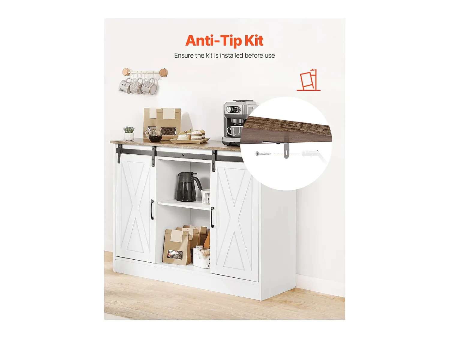 Móvel De Bar| Móvel de Bar para Café SucceBuy, 106 x 40 x 81,5 cm, com 3 Níveis com Portas de Celeiro Branco