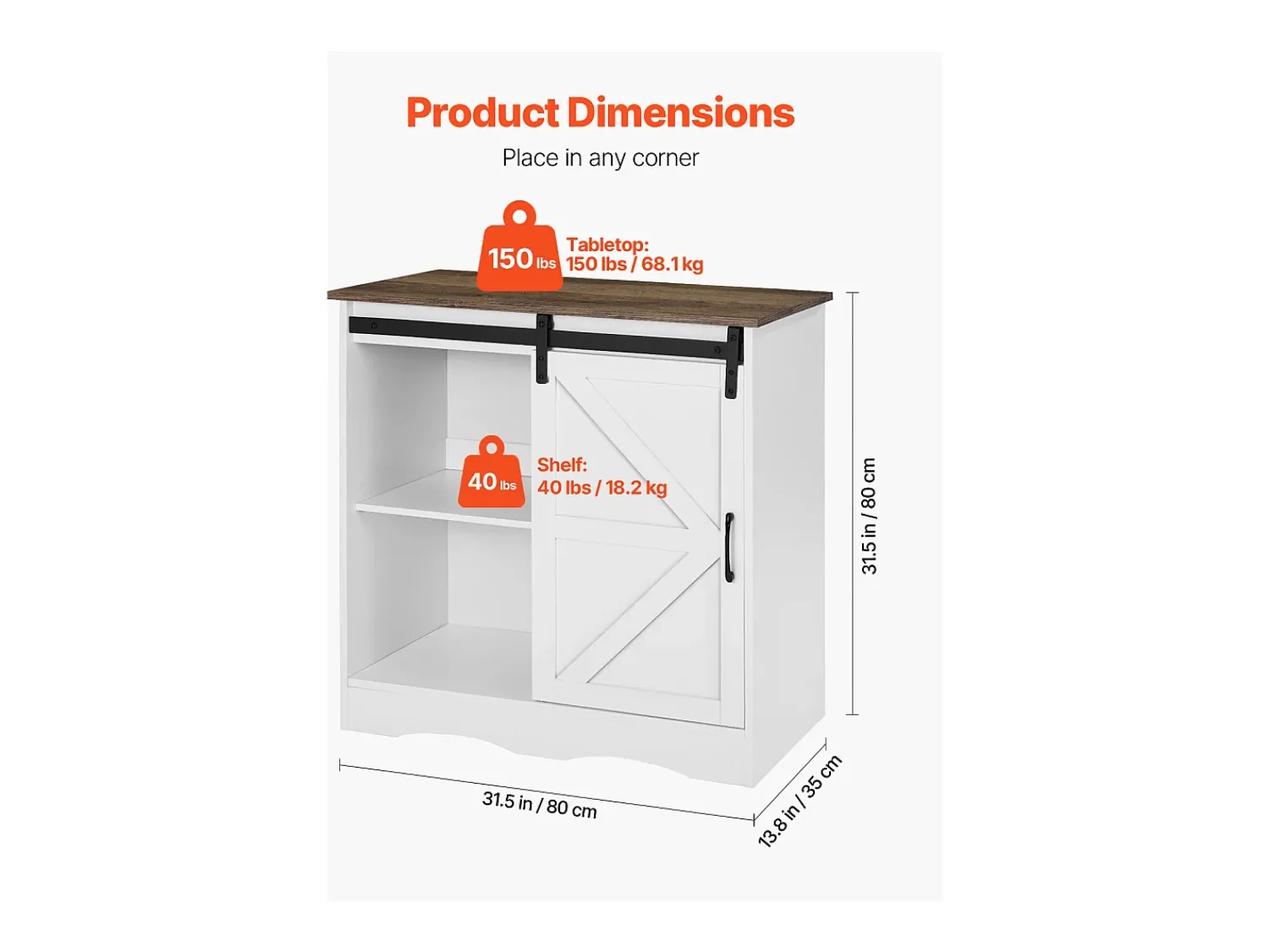 Móvel de Bar para Café SucceBuy, 80 x 35 x 80 cm, 3 Níveis com Porta Deslizante Branco