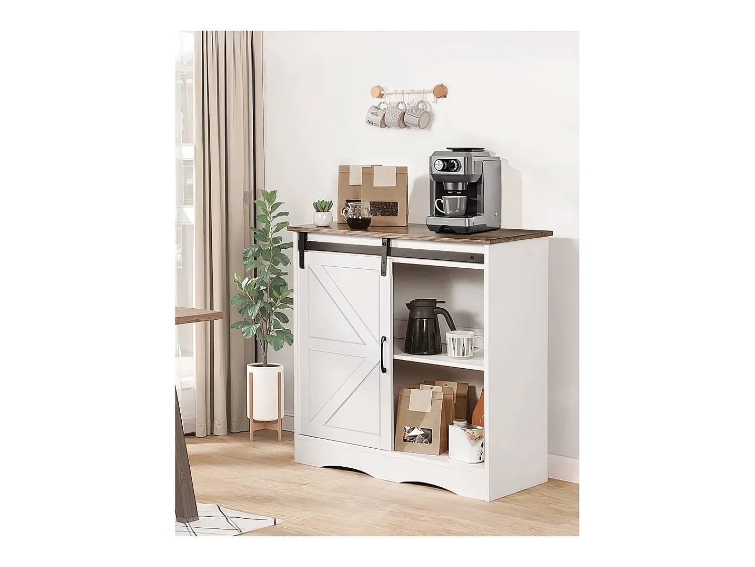 Móvel de Bar para Café SucceBuy, 80 x 35 x 80 cm, 3 Níveis com Porta Deslizante Branco