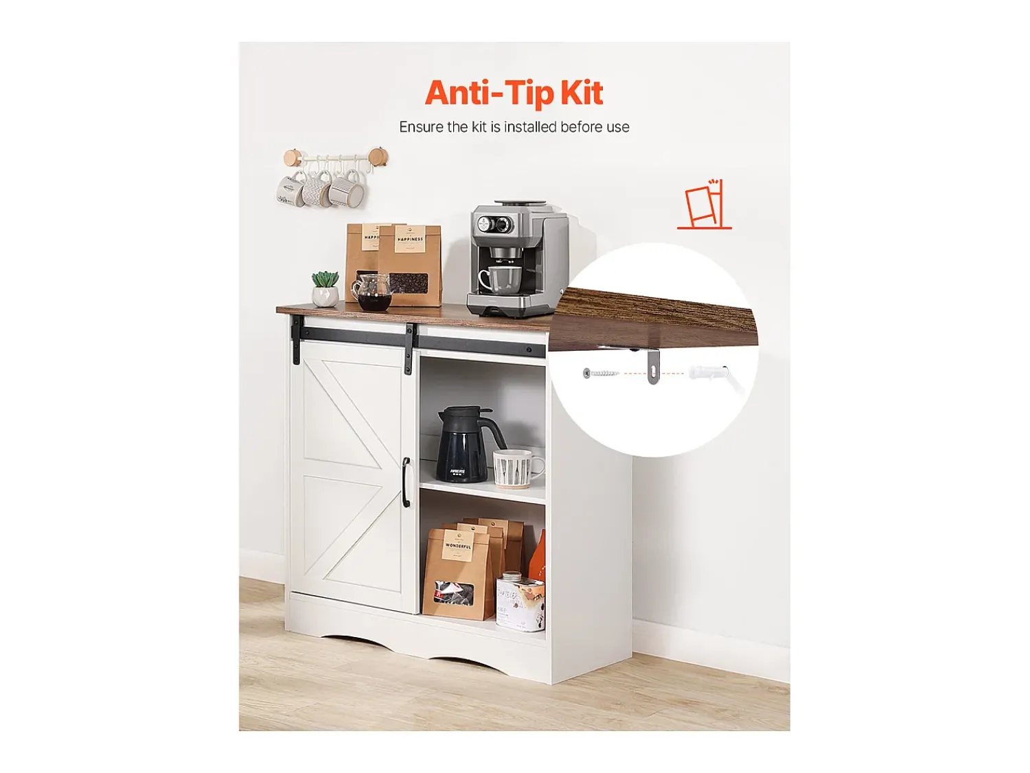 Móvel de Bar para Café SucceBuy, 80 x 35 x 80 cm, 3 Níveis com Porta Deslizante Branco