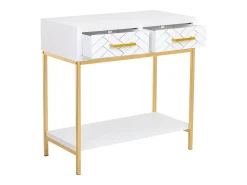 Móvel de corredor com 2 gavetas, em madeira e metal e dourado. Branco