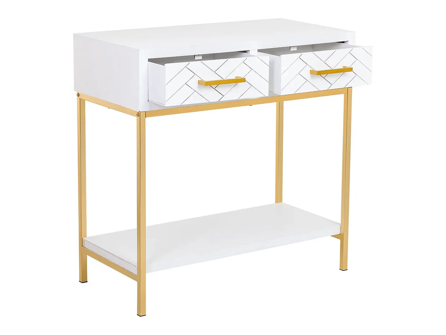 Móvel de corredor com 2 gavetas, em madeira e metal e dourado. Branco