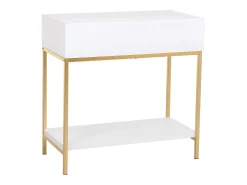 Móvel de corredor com 2 gavetas, em madeira e metal e dourado. Branco