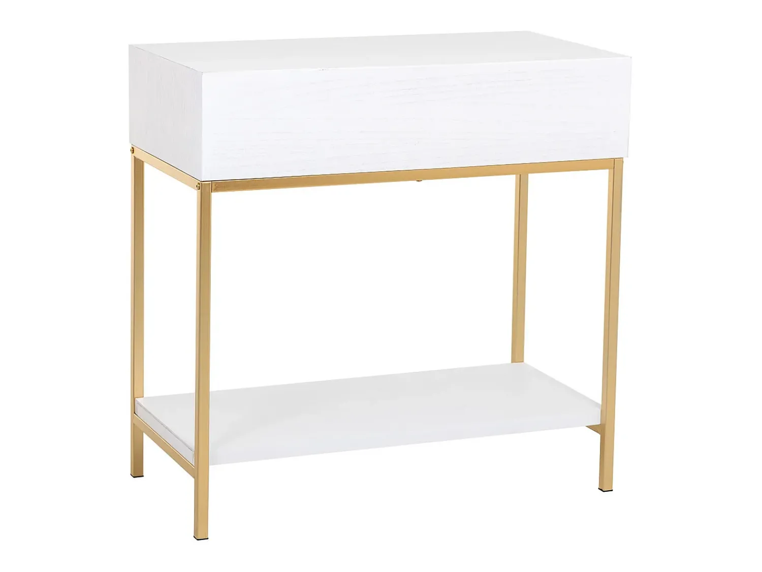 Móvel de corredor com 2 gavetas, em madeira e metal e dourado. Branco