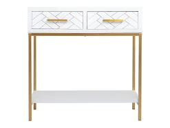 Móvel de corredor com 2 gavetas, em madeira e metal e dourado. Branco