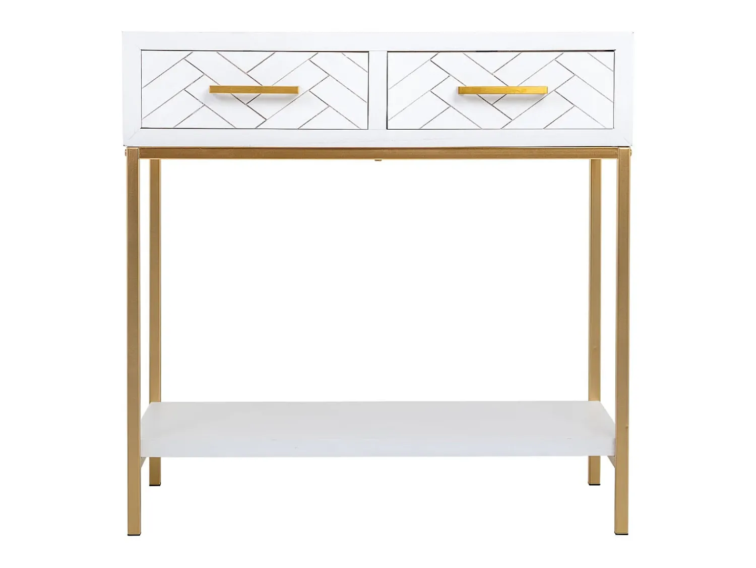 Móvel de corredor com 2 gavetas, em madeira e metal e dourado. Branco