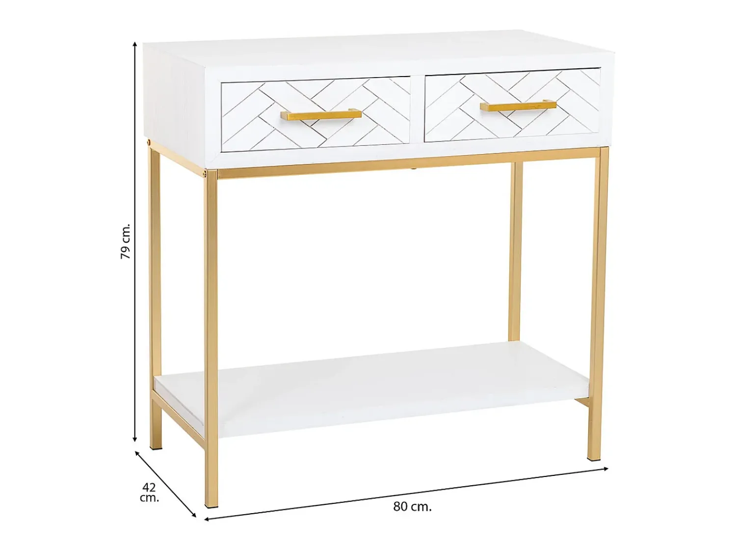 Móvel de corredor com 2 gavetas, em madeira e metal e dourado. Branco