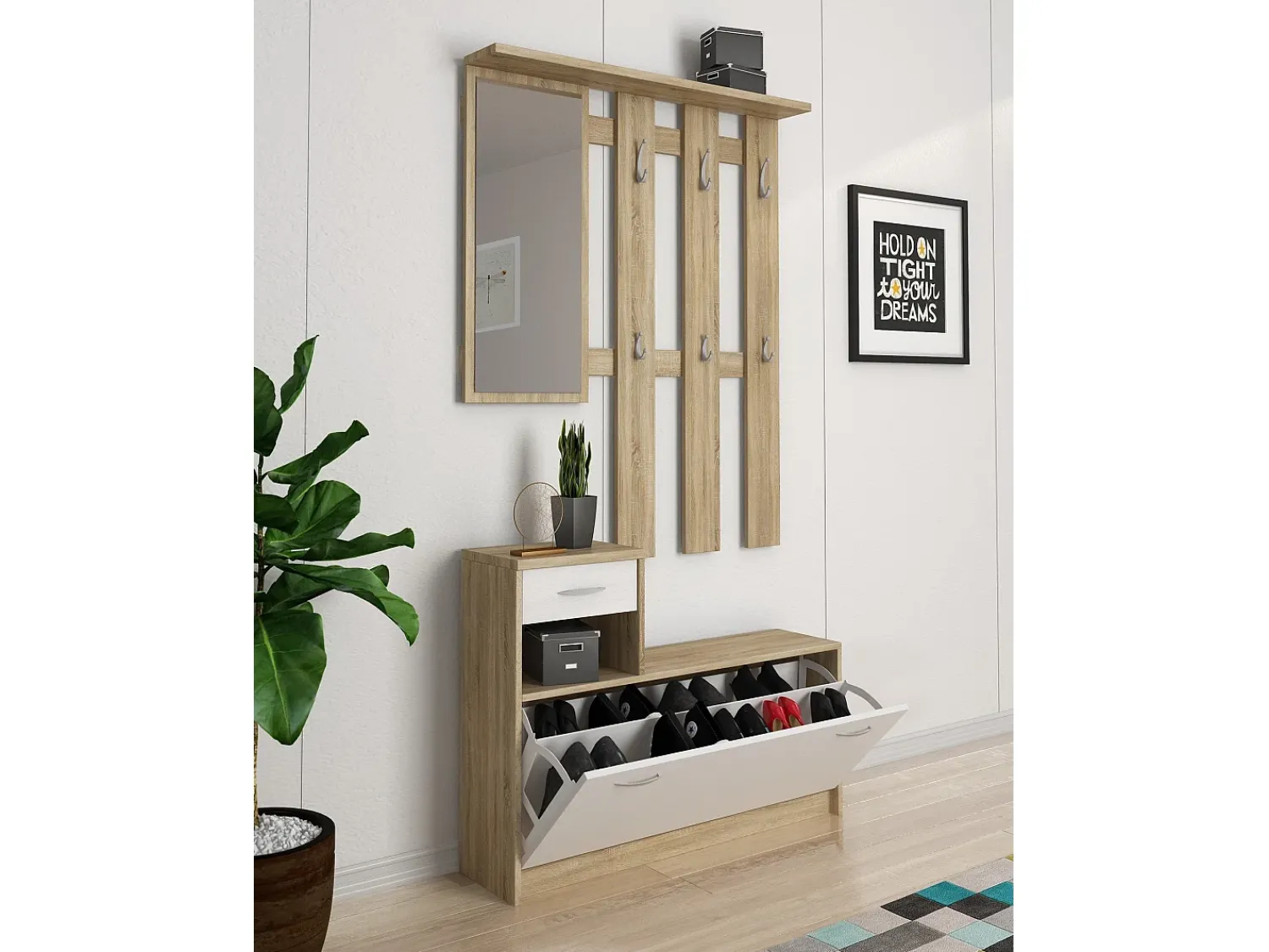 Móvel De Entrada*Dmora Móvel de entrada 0, Entrada moderna com espelho, Armário com sapateira, Armário multifuncional, 100x25h180 cm, e Carvalho Branco