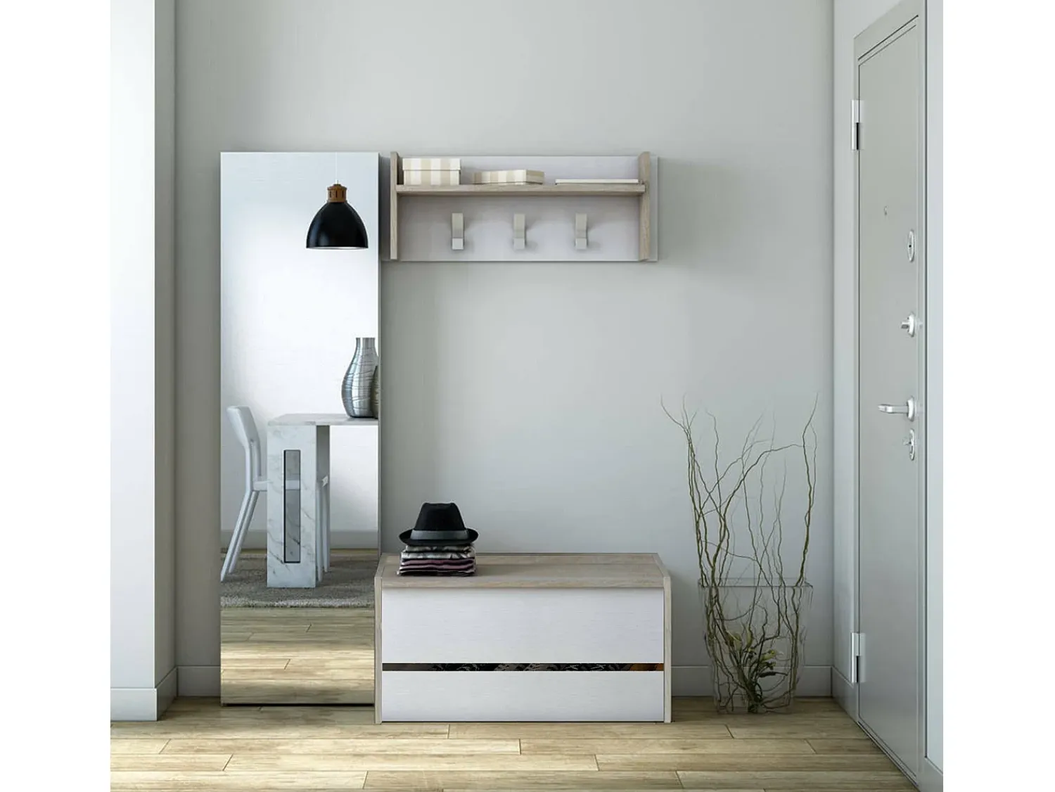 Best Dmora Móvel de entrada Brionia, Entrada moderna com cabide, Armário com sapateira, Armário multifuncional, 50x32h182 cm, Carvalho e Branco Castanho