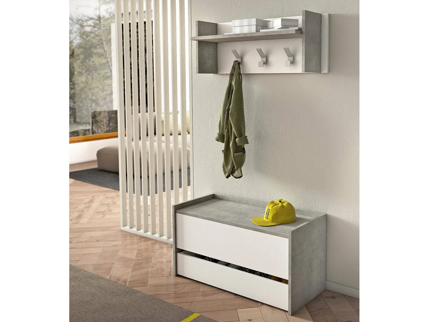 Móvel De Entrada|Dmora Móvel de entrada Brionia, Entrada moderna com cabide, Armário com sapateira, Armário multifuncional, 50x32h182 cm, Cimento e Branco Cinzento