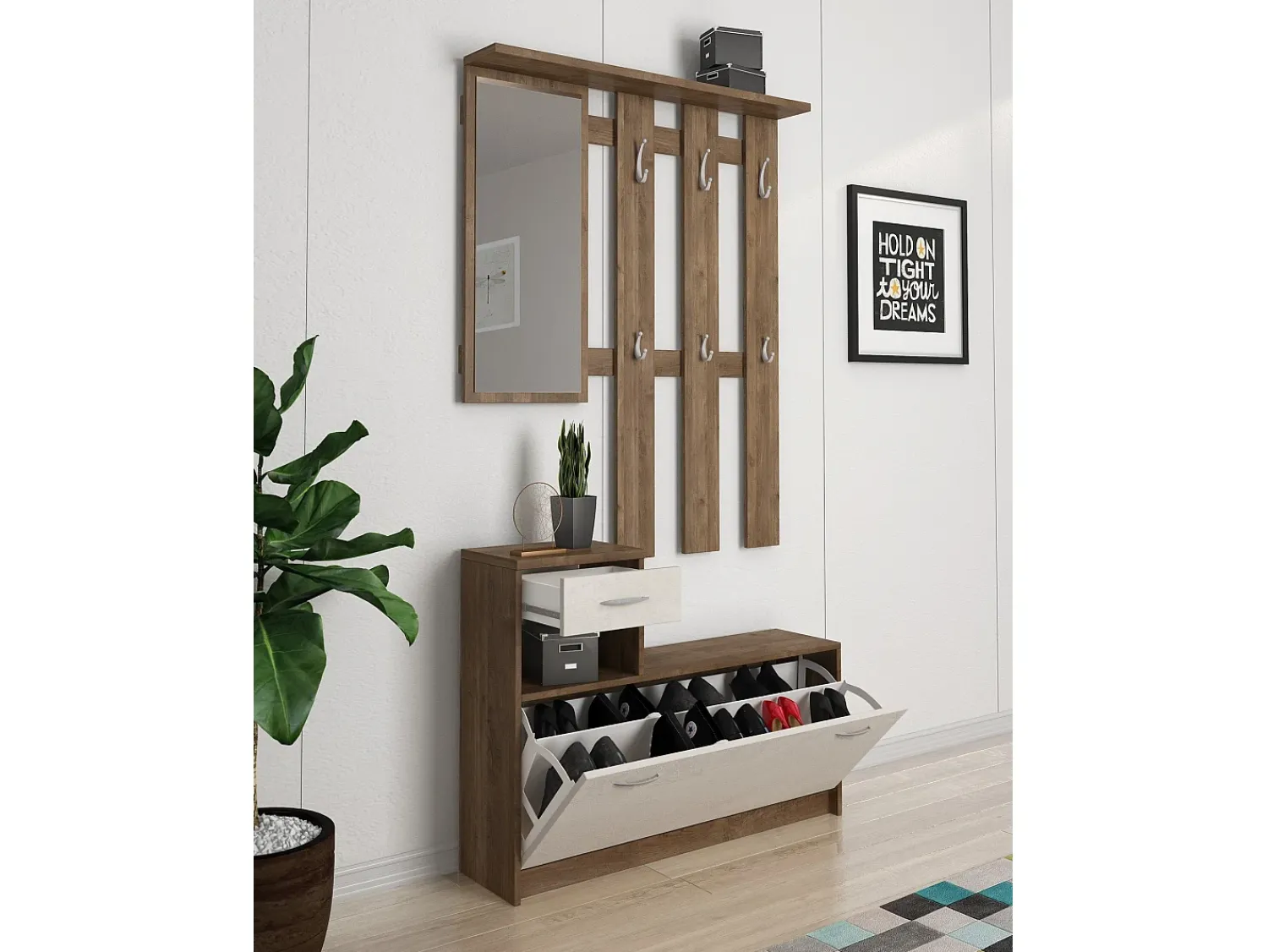 Móvel De Entrada|Dmora Móvel de entrada Dbiagin, Entrada moderna com espelho, Armário com sapateira, Armário multifuncional, 100x25h180 cm, Branco e Carvalho Castanho / Branco