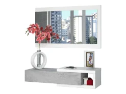 Consola|Dmora Móvel de entrada Dhasi, Entrada reversível com espelho, Móvel de hall com gaveta, Bandeja de bolso para apartamentos, 95x26h69 cm, e Cimento Branco