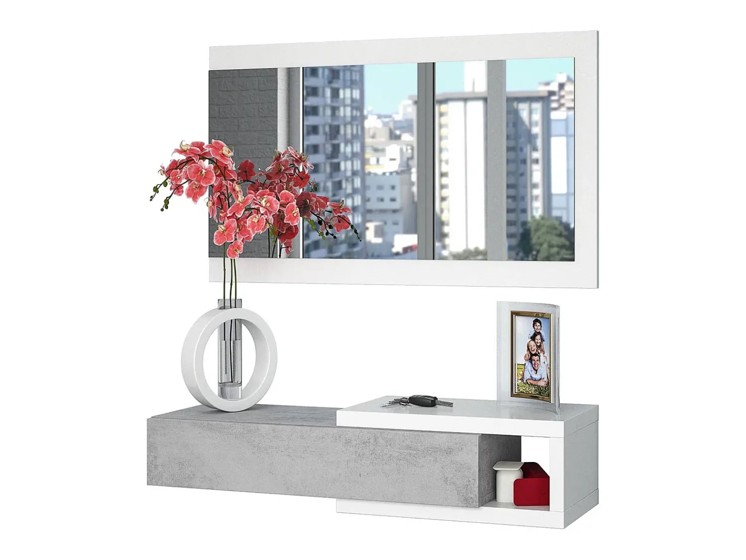 Consola|Dmora Móvel de entrada Dhasi, Entrada reversível com espelho, Móvel de hall com gaveta, Bandeja de bolso para apartamentos, 95x26h69 cm, e Cimento Branco