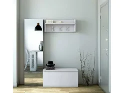 Cabide De Pé*Dmora Móvel de entrada Dkornvi, cabide com 3 ganchos, prateleira de entrada, 100% Fabricado na Itália, 90x29h34 cm, Branco