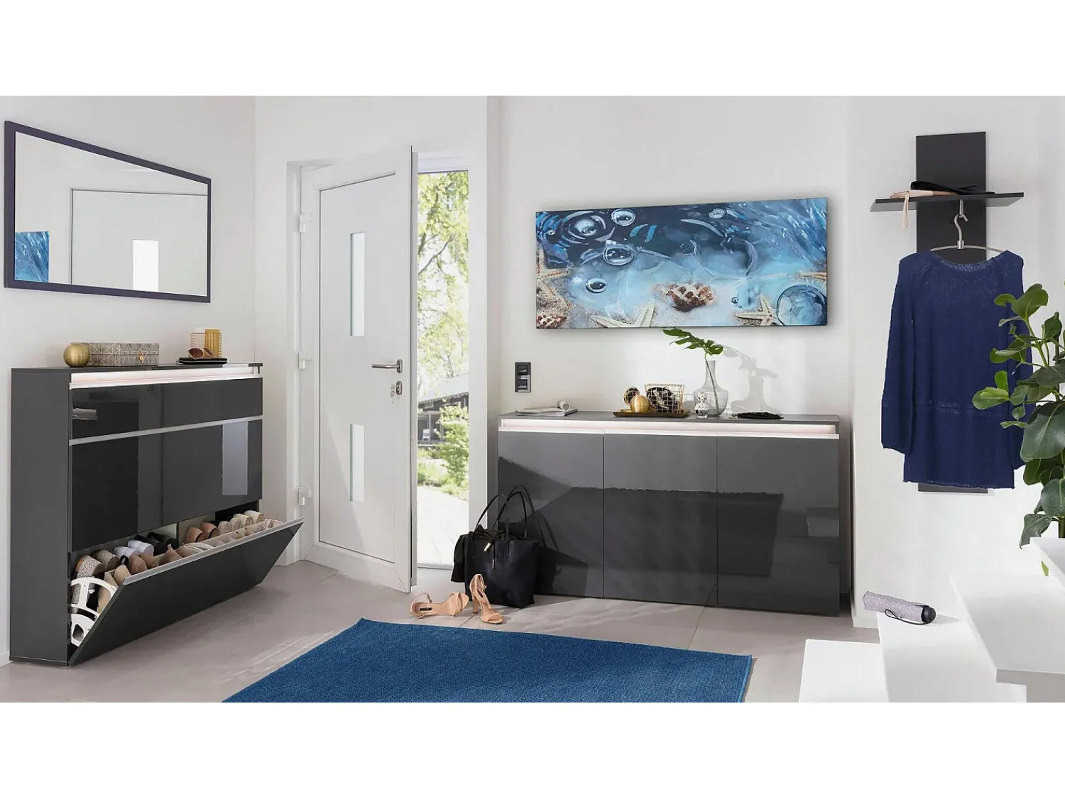 Clearance Dmora Móvel de entrada Dlentin, Entrada multifuncional moderna, Armário multiuso para hall de entrada, 100% Fabricado na Itália, 50x27h140 cm, Antracite brilhante Preto