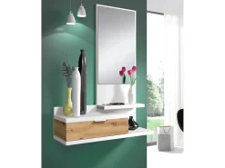 New Dmora Móvel de entrada Dmissor, Entrada com espelho e gaveta, Esvaziador de bolsos para hall de entrada de pequenos apartamentos, 81x29h116 cm, Carvalho e nodoso Branco