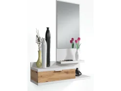 New Dmora Móvel de entrada Dmissor, Entrada com espelho e gaveta, Esvaziador de bolsos para hall de entrada de pequenos apartamentos, 81x29h116 cm, Carvalho e nodoso Branco
