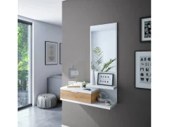 New Dmora Móvel de entrada Dmissor, Entrada com espelho e gaveta, Esvaziador de bolsos para hall de entrada de pequenos apartamentos, 81x29h116 cm, Carvalho e nodoso Branco