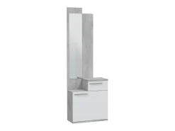 Dmora Móvel de entrada Dner, Sapateira multifuncional com espelho, Roupeiro com 1 porta e 1 gaveta, 61x28h185 cm, Cimento e Branco Brilhante^ Móvel De Entrada