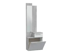 Dmora Móvel de entrada Dner, Sapateira multifuncional com espelho, Roupeiro com 1 porta e 1 gaveta, 61x28h185 cm, Cimento e Branco Brilhante^ Móvel De Entrada