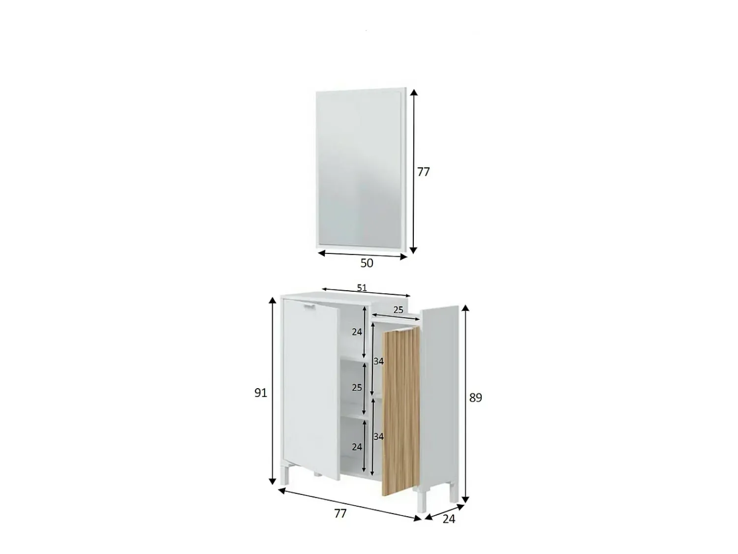 Outlet Dmora Móvel de entrada Dodd, Entrada com 2 portas, Roupeiro com espelho, Arrumação multifuncional, 77x24h91 cm, e Carvalho Branco