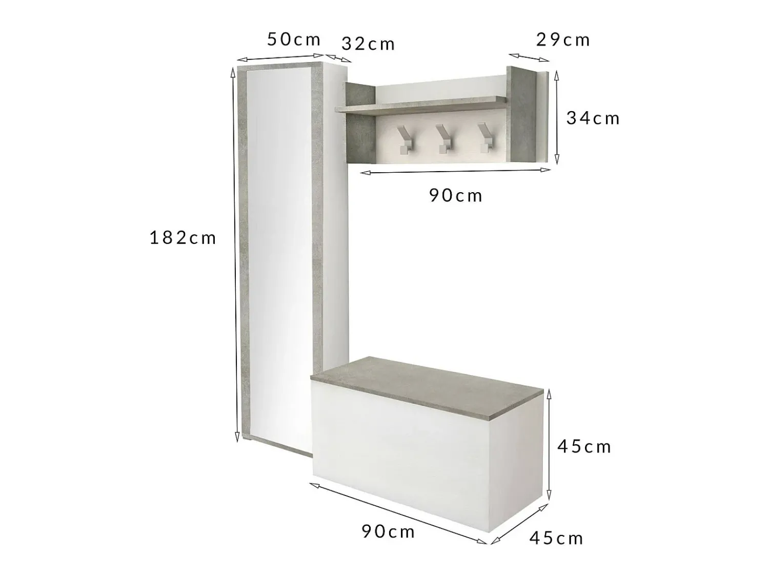 Móvel De Entrada*Dmora Móvel de entrada Mirtilla, Entrada moderna com cabide, Armário com sapateira, Armário com espelho, 50x32h182 cm, e Cimento Branco