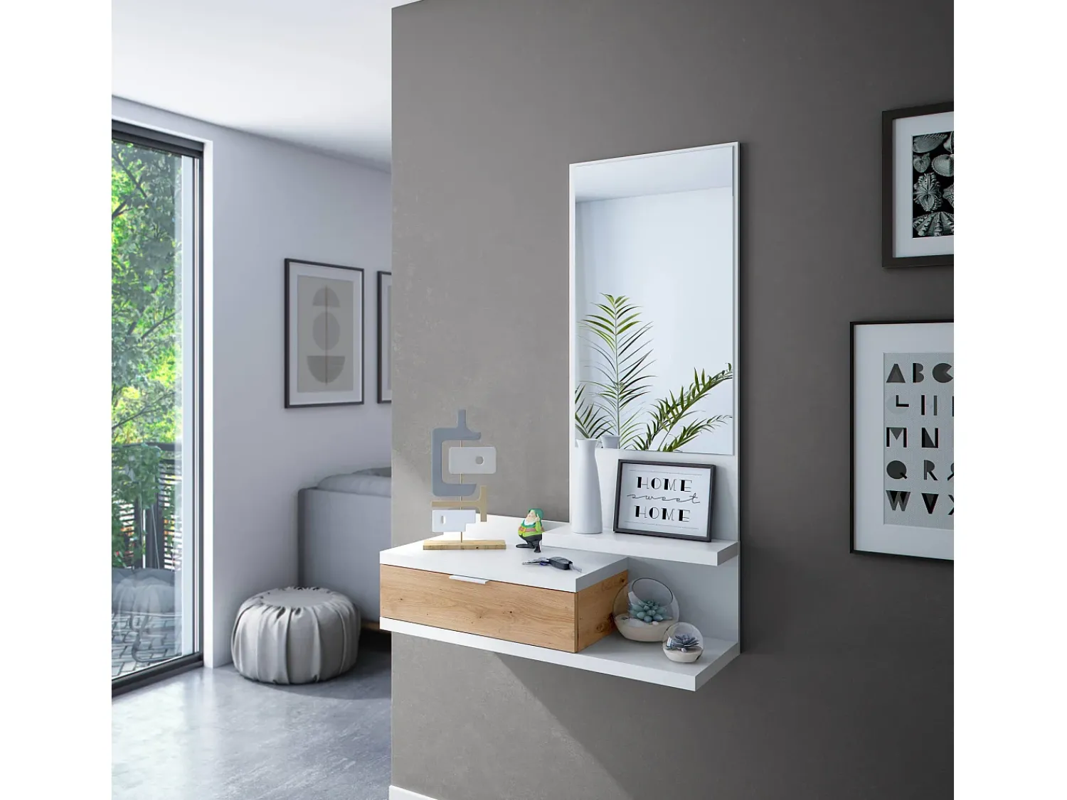 Dmora Móvel de entrada Tijuana, Entrada com espelho e gaveta, Esvaziador de bolsos para hall de entrada de apartamentos pequenos, 81x29h116 cm, Carvalho e nodoso Branco