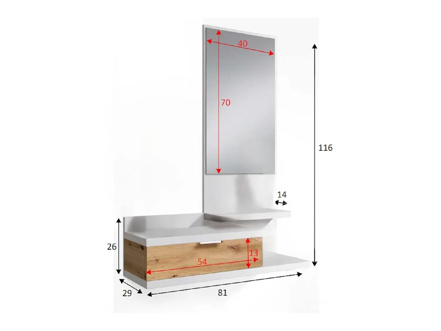 Dmora Móvel de entrada Tijuana, Entrada com espelho e gaveta, Esvaziador de bolsos para hall de entrada de apartamentos pequenos, 81x29h116 cm, Carvalho e nodoso Branco