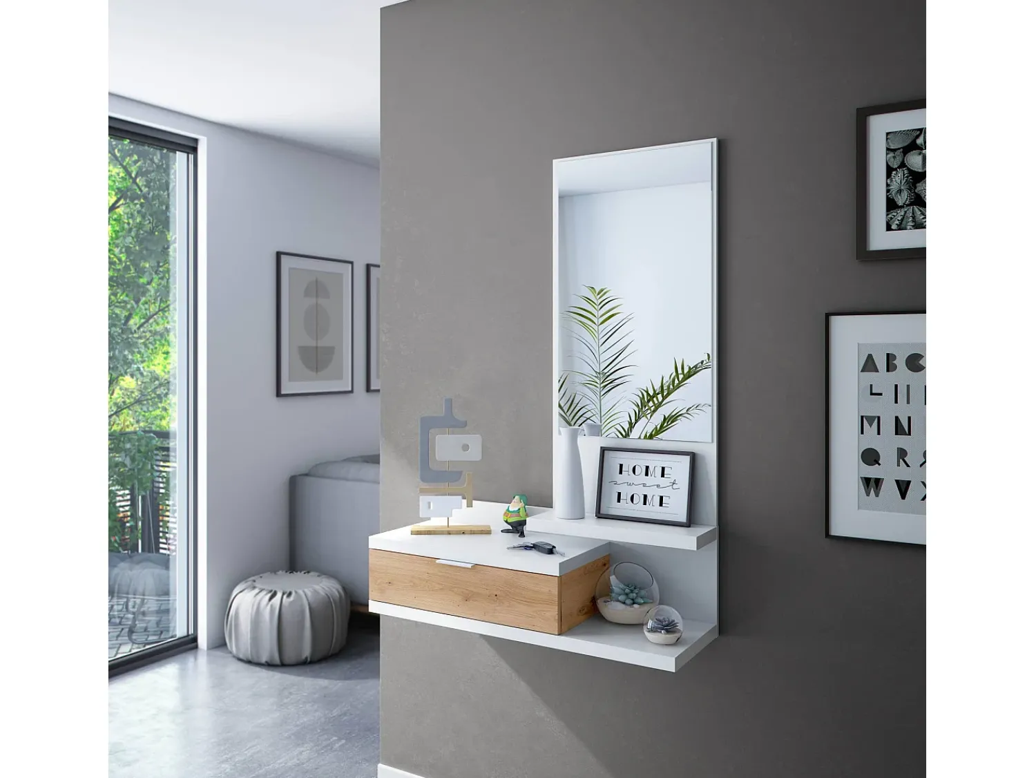 Dmora Móvel de entrada Tijuana, Entrada com espelho e gaveta, Esvaziador de bolsos para hall de entrada de apartamentos pequenos, 81x29h116 cm, Carvalho e nodoso Branco