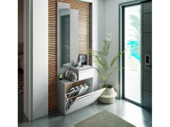 Dmora Móvel de entrada Waltham, Sapateira multifuncional com espelho, roupeiro 1 porta e 1 gaveta, 61x28h185 cm, Cimento e Branco Brilhante^ Móvel De Entrada