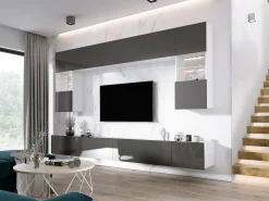 Móvel De Tv| Móvel de parede: 10 portas, 20 prateleiras, / Brilhante, largura: 300 cm, altura: AJUSTÁVEL, profundidade: 42 cm Branco