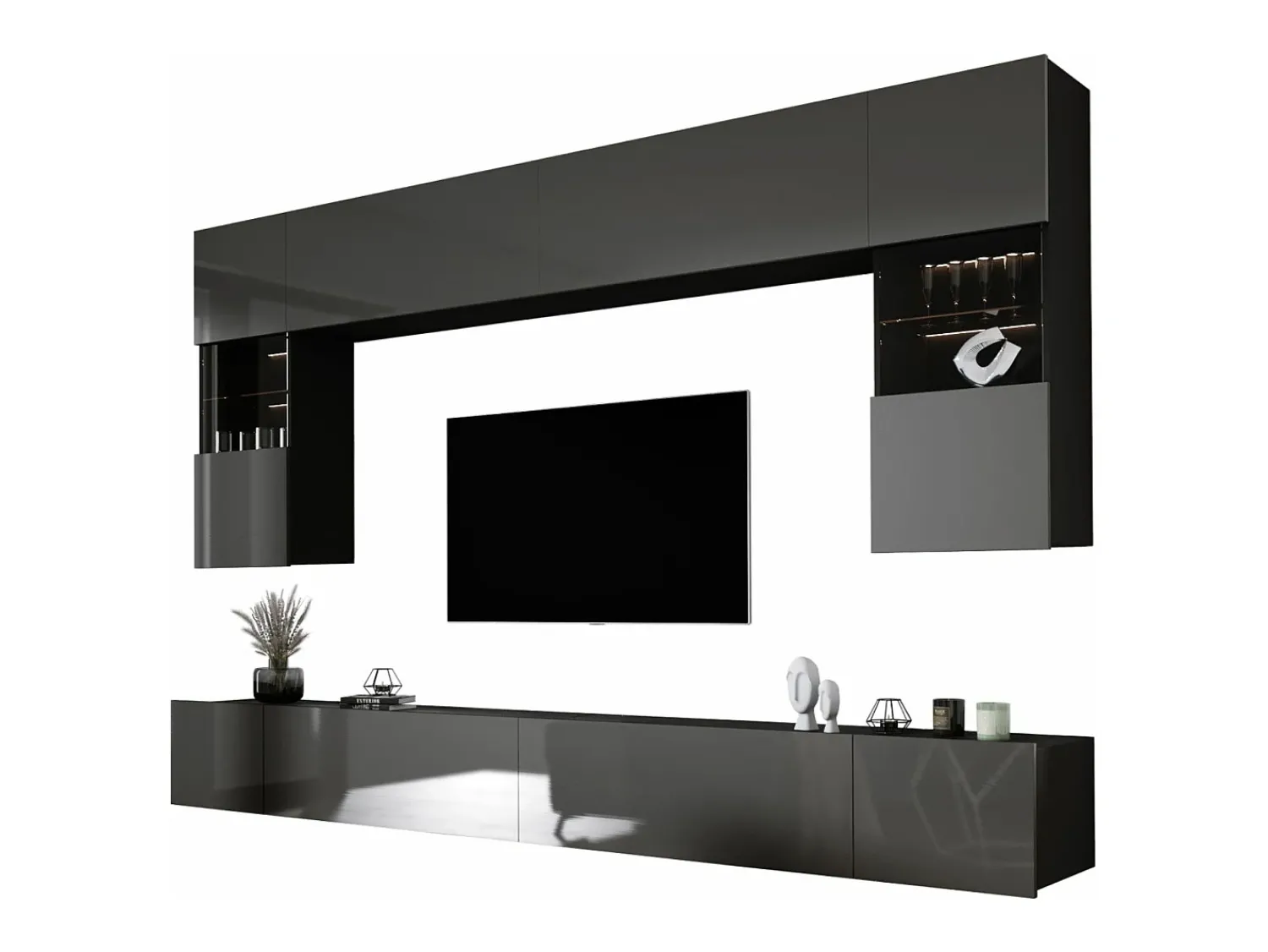 Sale Móvel de parede: 10 portas, 20 prateleiras, /cinza brilhante, largura: 300 cm, altura: AJUSTÁVEL, profundidade: 42 cm Preto