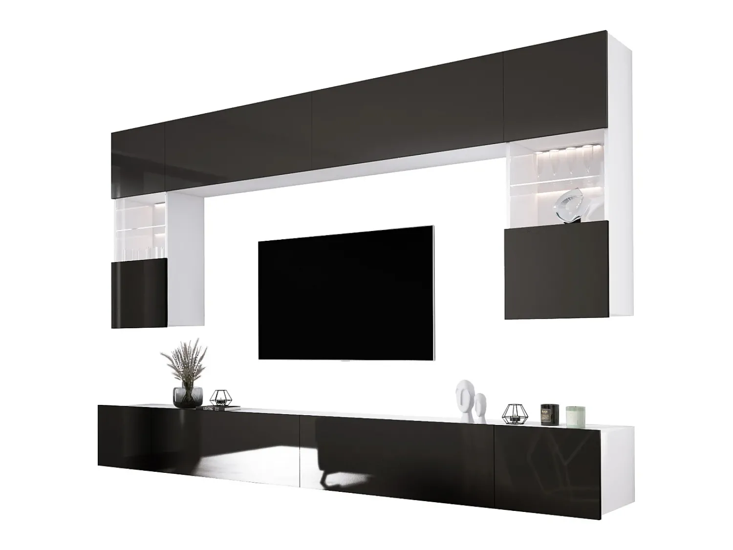 Móvel de parede: 10 portas, 20 prateleiras, / Preto Brilhante, largura: 300 cm, altura: AJUSTÁVEL, profundidade: 42 cm^ Móvel De Tv