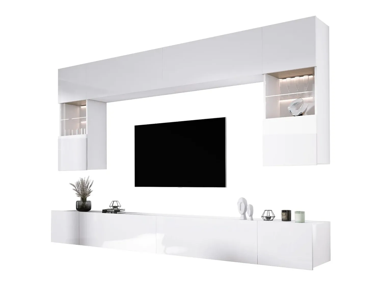 Online Móvel de parede: 10 portas, 20 prateleiras, / Brilhante, largura: 300 cm, altura: AJUSTÁVEL, profundidade: 42 cm Branco