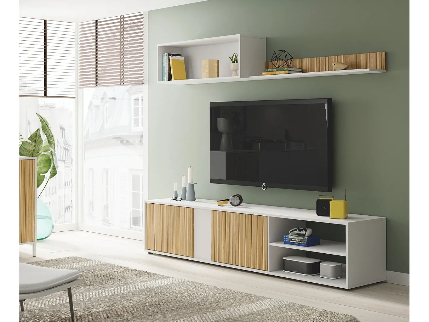 Móvel De Tv|Dmora Móvel de parede Daasmundse, Móvel de sala de TV, Composição do conjunto de sala, Conjunto de sala com móvel de parede, 180x33h40 cm, e Carvalho Branco