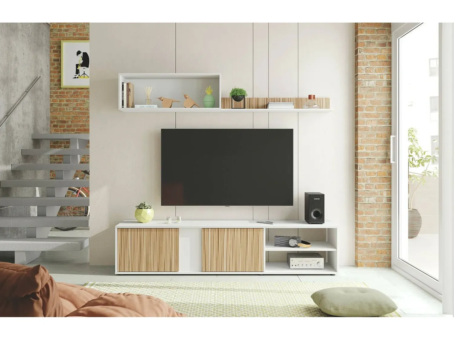 Móvel De Tv|Dmora Móvel de parede Daasmundse, Móvel de sala de TV, Composição do conjunto de sala, Conjunto de sala com móvel de parede, 180x33h40 cm, e Carvalho Branco