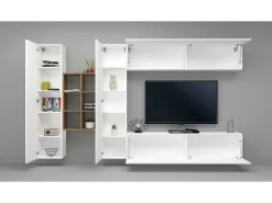Móvel De Tv*Dmora Móvel de parede Danilo, conjunto de sala de TV com 4 portas, móveis de sala multiuso, 100% fabricado na Itália, 280x30h180 cm, brilhante e bordo Branco