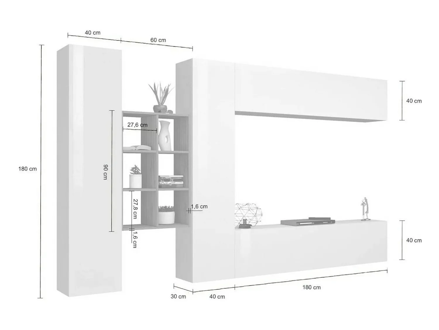 Móvel De Tv*Dmora Móvel de parede Danilo, conjunto de sala de TV com 4 portas, móveis de sala multiuso, 100% fabricado na Itália, 280x30h180 cm, brilhante e bordo Branco