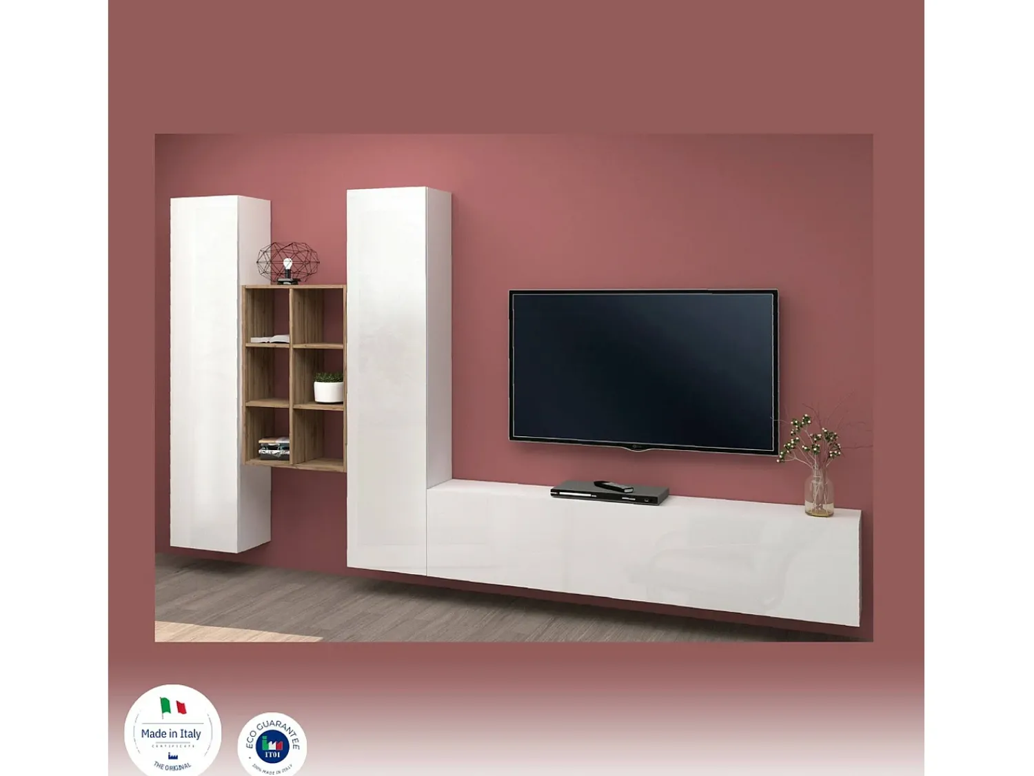 Sale Dmora Móvel de parede Dcola, conjunto de sala de TV com 3 portas, móveis de sala multiuso, 100% fabricado na Itália, 320x30h180 cm, brilhante e bordo Branco