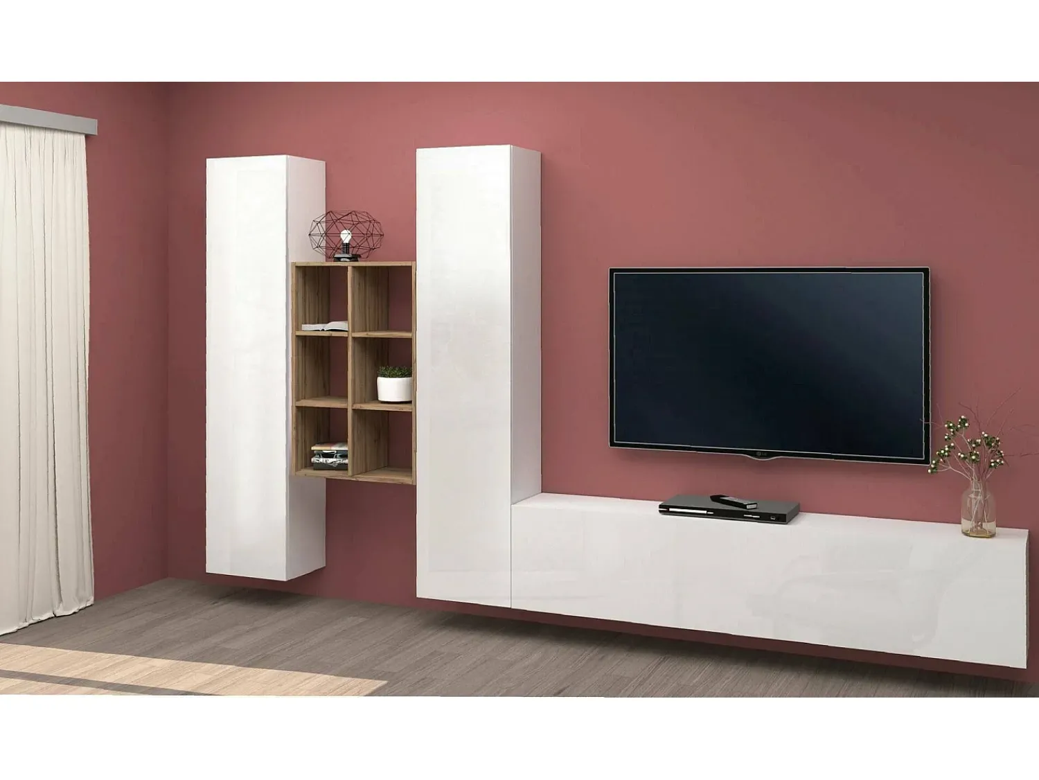 Sale Dmora Móvel de parede Dcola, conjunto de sala de TV com 3 portas, móveis de sala multiuso, 100% fabricado na Itália, 320x30h180 cm, brilhante e bordo Branco