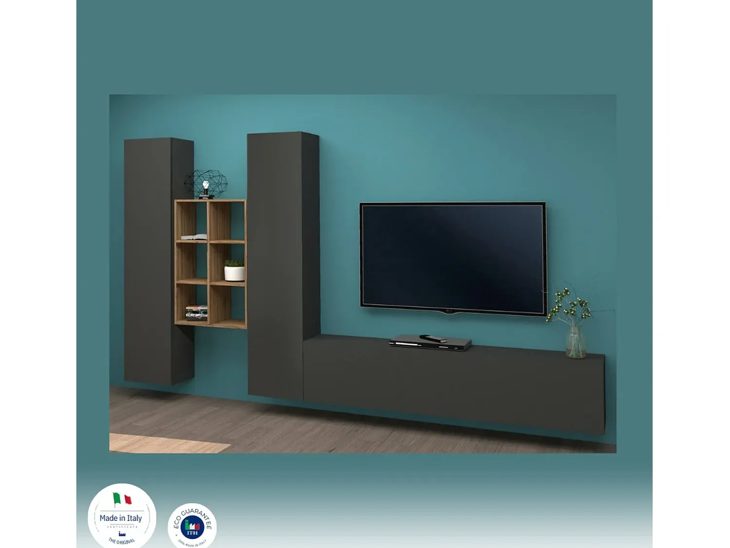 Dmora Móvel de parede Dcola, conjunto de sala de TV com 3 portas, móveis de sala multiuso, 100% Fabricado na Itália, 320x30h180 cm, Antracite e Bordo^ Móvel De Tv