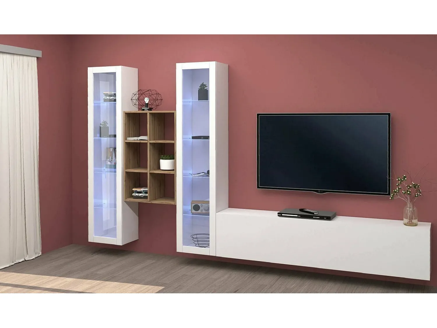 Móvel De Tv*Dmora Móvel de parede Dcorrei, móvel de sala de TV com 3 portas, móvel de sala multiuso com vitrine e luz LED, 100% Fabricado na Itália, 320x30h180 cm, brilhante Branco