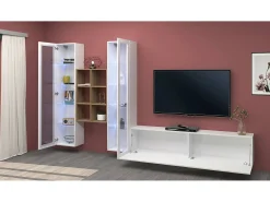 Móvel De Tv*Dmora Móvel de parede Dcorrei, móvel de sala de TV com 3 portas, móvel de sala multiuso com vitrine e luz LED, 100% Fabricado na Itália, 320x30h180 cm, brilhante Branco