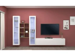Móvel De Tv*Dmora Móvel de parede Dcorrei, móvel de sala de TV com 3 portas, móvel de sala multiuso com vitrine e luz LED, 100% Fabricado na Itália, 320x30h180 cm, brilhante Branco